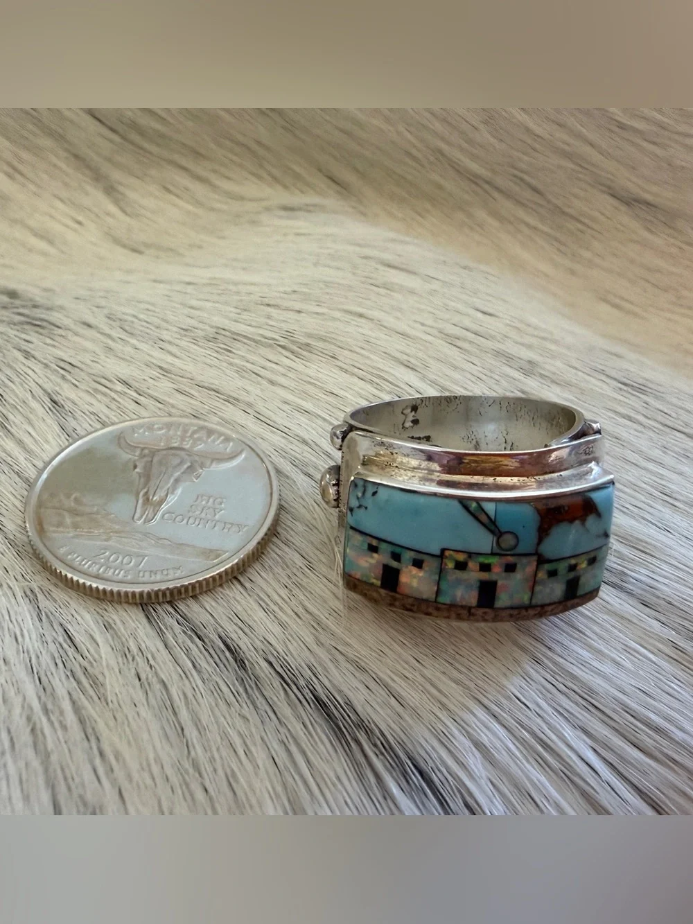 ❤️ Signed Galaxy Micro Inlaid Large Pueblo Scene Sterling Ring Sz 9 Unisex 8.7G - Picture 9 of 17